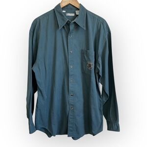 Vintage Bugle Boy Co. 90s Button Up Shirt XL Blue Green Crest Logo Cotton Y2K‎